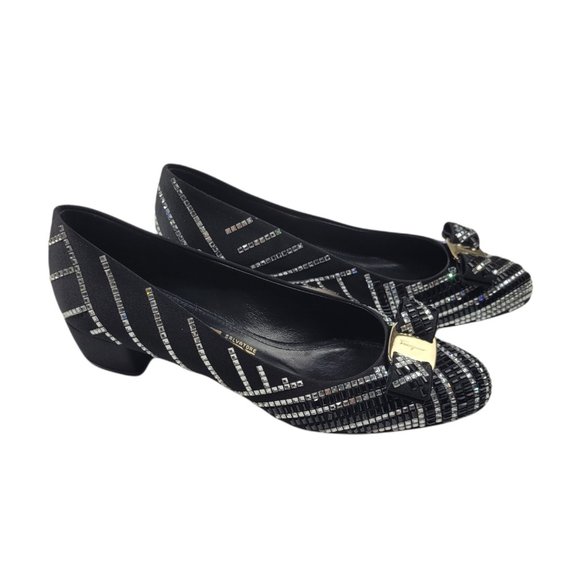 Salvatore Ferragamo Crystal Embellished Vara Pumps - Picture 1 of 6